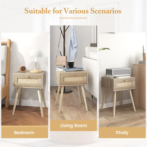Modern Rattan Nightstand with Drawer and Solid Wood Legs for Bedroom and Living Room-Natural view 9