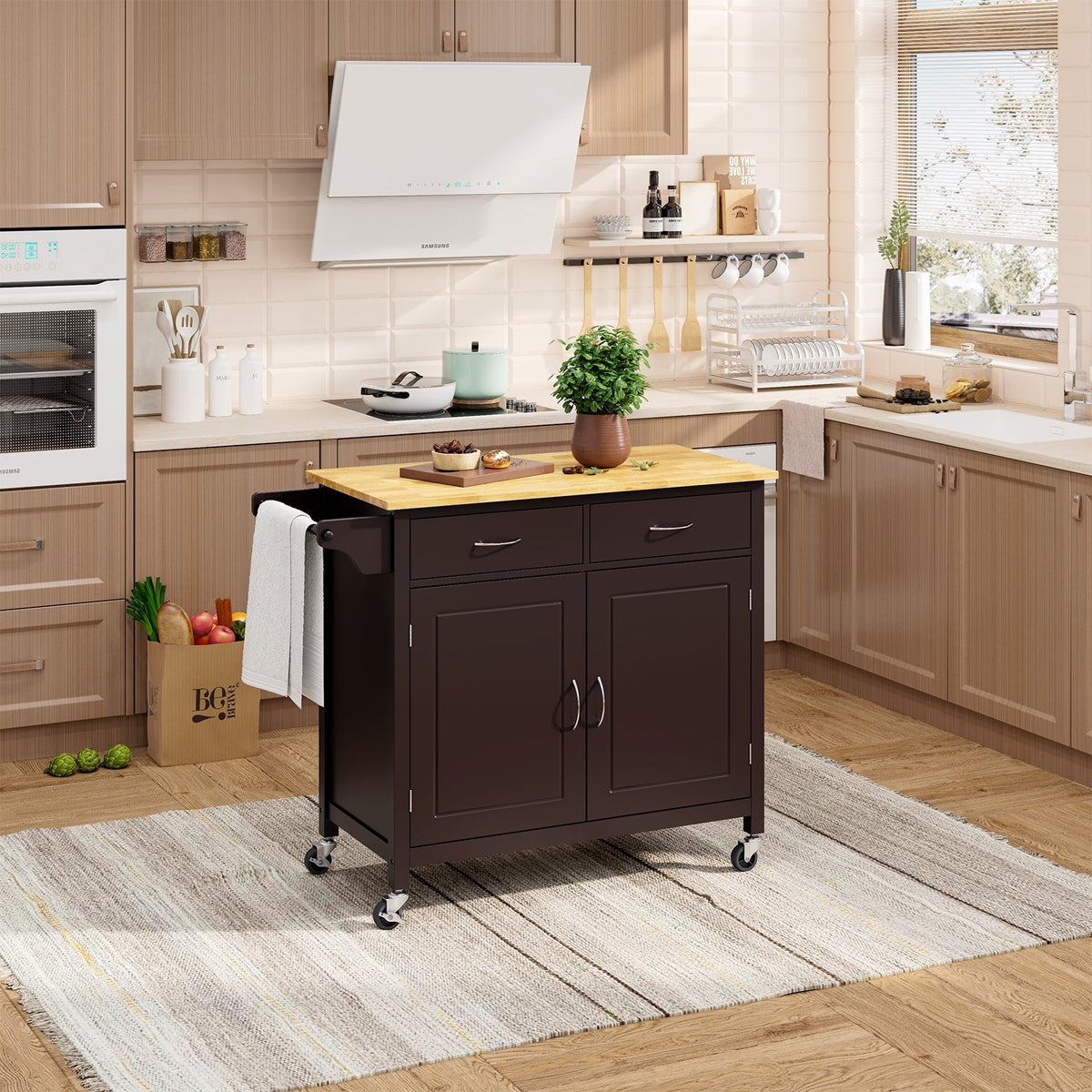 Modern Rolling Kitchen Cart Island with Wooden Top-Brown view 6