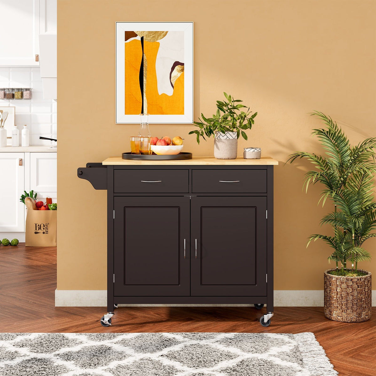 Modern Rolling Kitchen Cart Island with Wooden Top-Brown view 7