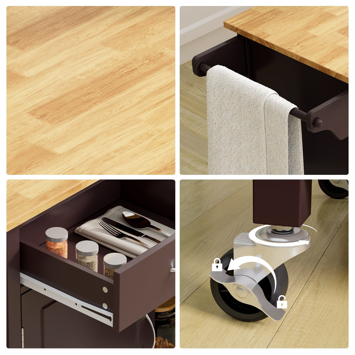 Modern Rolling Kitchen Cart Island with Wooden Top-Brown view 9