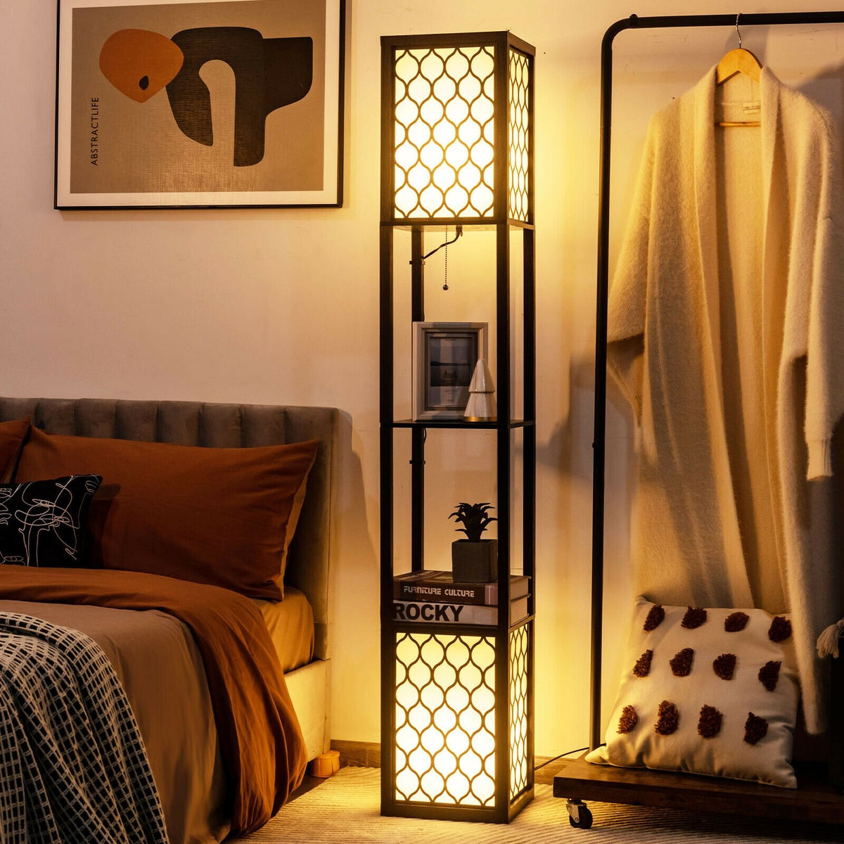 Modern Shelf Freestanding Floor Lamp with Double Lamp Pull Chain and Foot Switch view 2