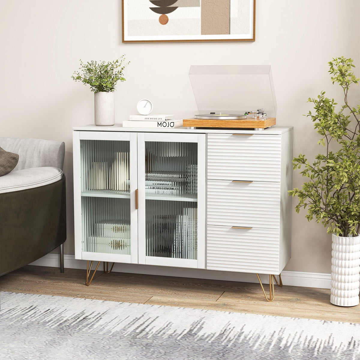 Modern Sideboard Buffet Cabinet with 2 Doors and 3 Drawers for Living Room Dining Room-White view 2