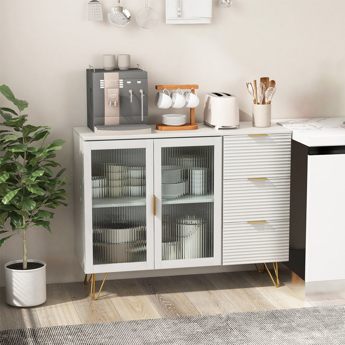 Modern Sideboard Buffet Cabinet with 2 Doors and 3 Drawers for Living Room Dining Room-White view 3
