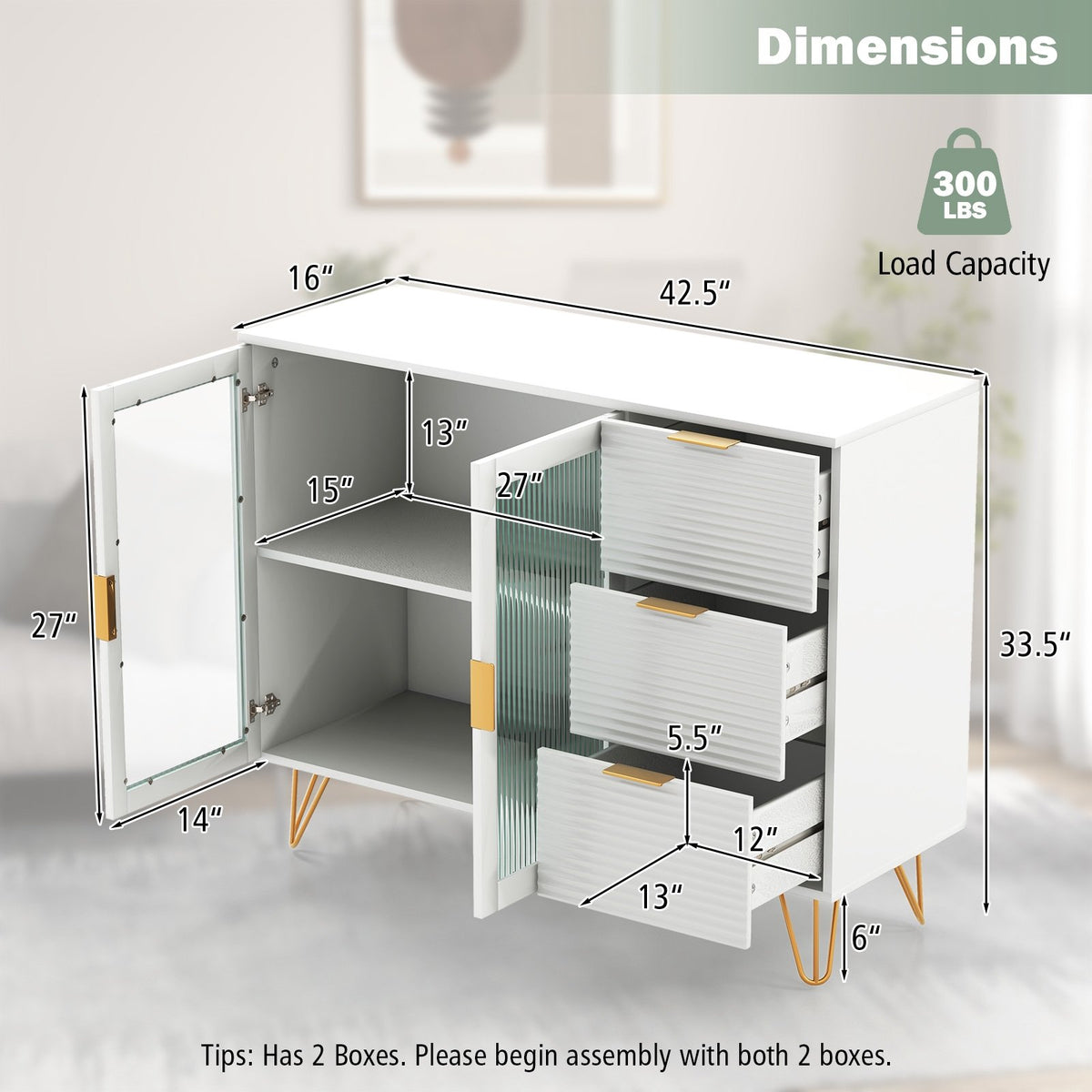 Modern Sideboard Buffet Cabinet with 2 Doors and 3 Drawers for Living Room Dining Room-White view 5