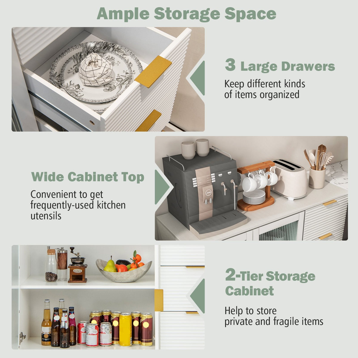 Modern Sideboard Buffet Cabinet with 2 Doors and 3 Drawers for Living Room Dining Room-White view 6