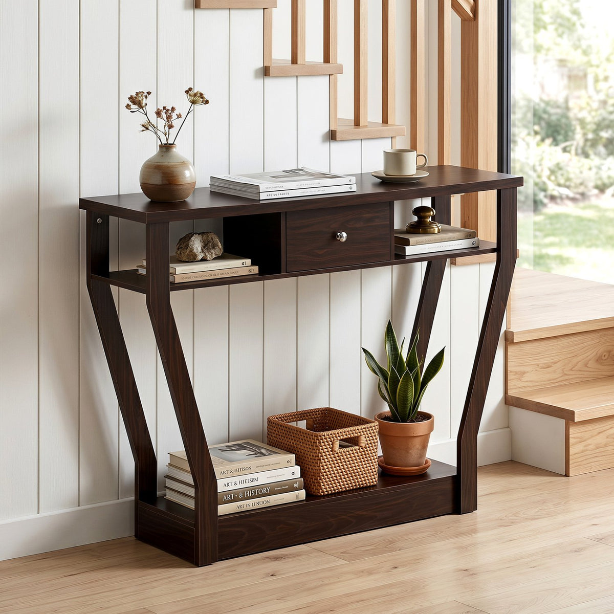 Modern Sofa Accent Table with Drawer-Brown view 2