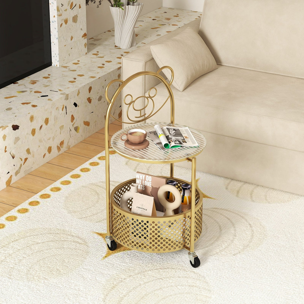 Modern Sofa Side Table on Lockable Wheels for Living Room Bedroom Study-Gold view 2