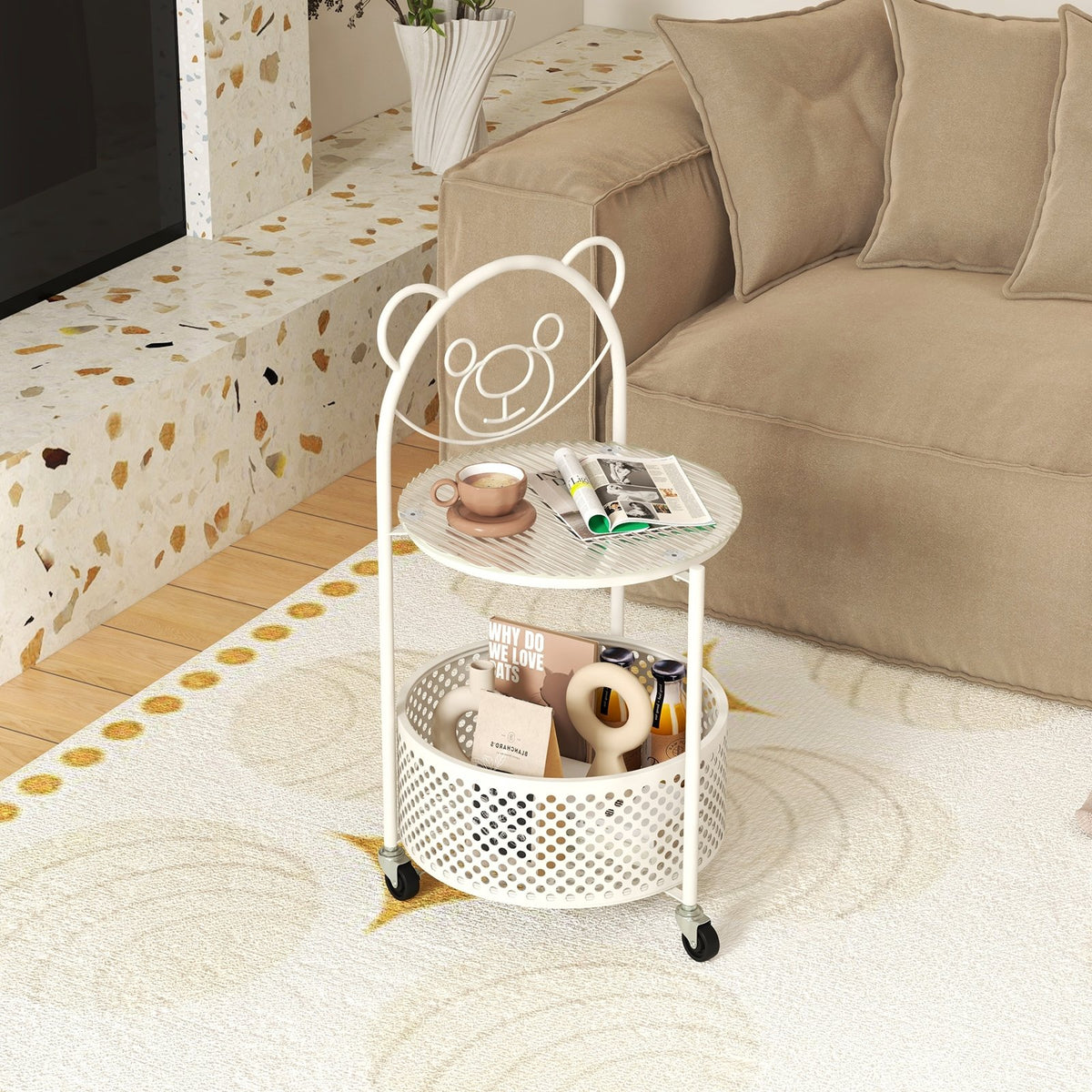 Modern Sofa Side Table on Lockable Wheels for Living Room Bedroom Study-White view 2