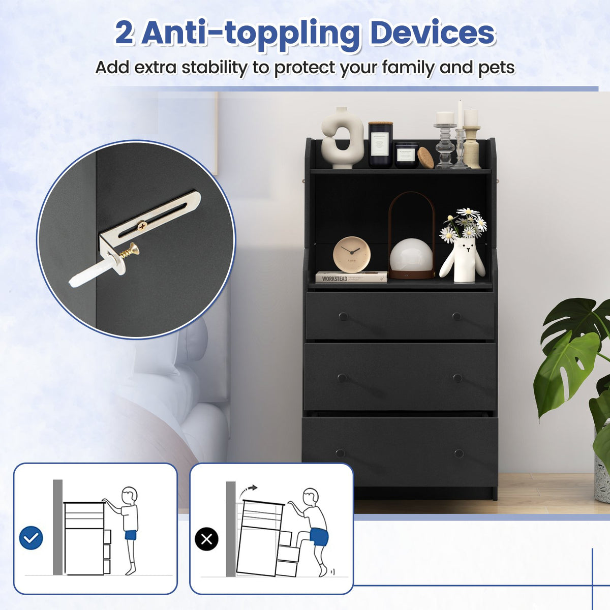 Modern Storage Dresser with Anti-toppling Device-Black view 5