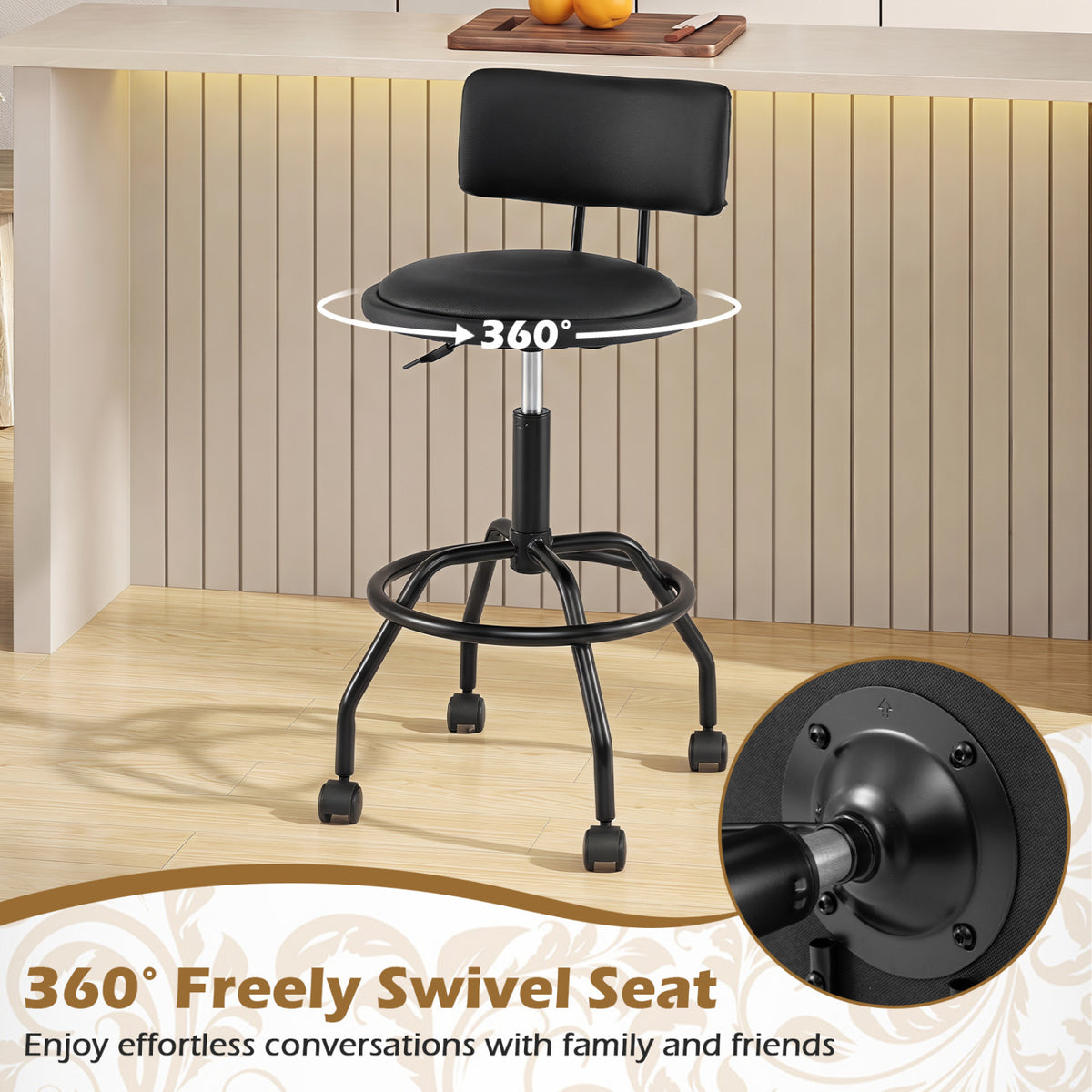 Modern Swivel Height Adjustable Bar Stool with Backrest-Black view 4