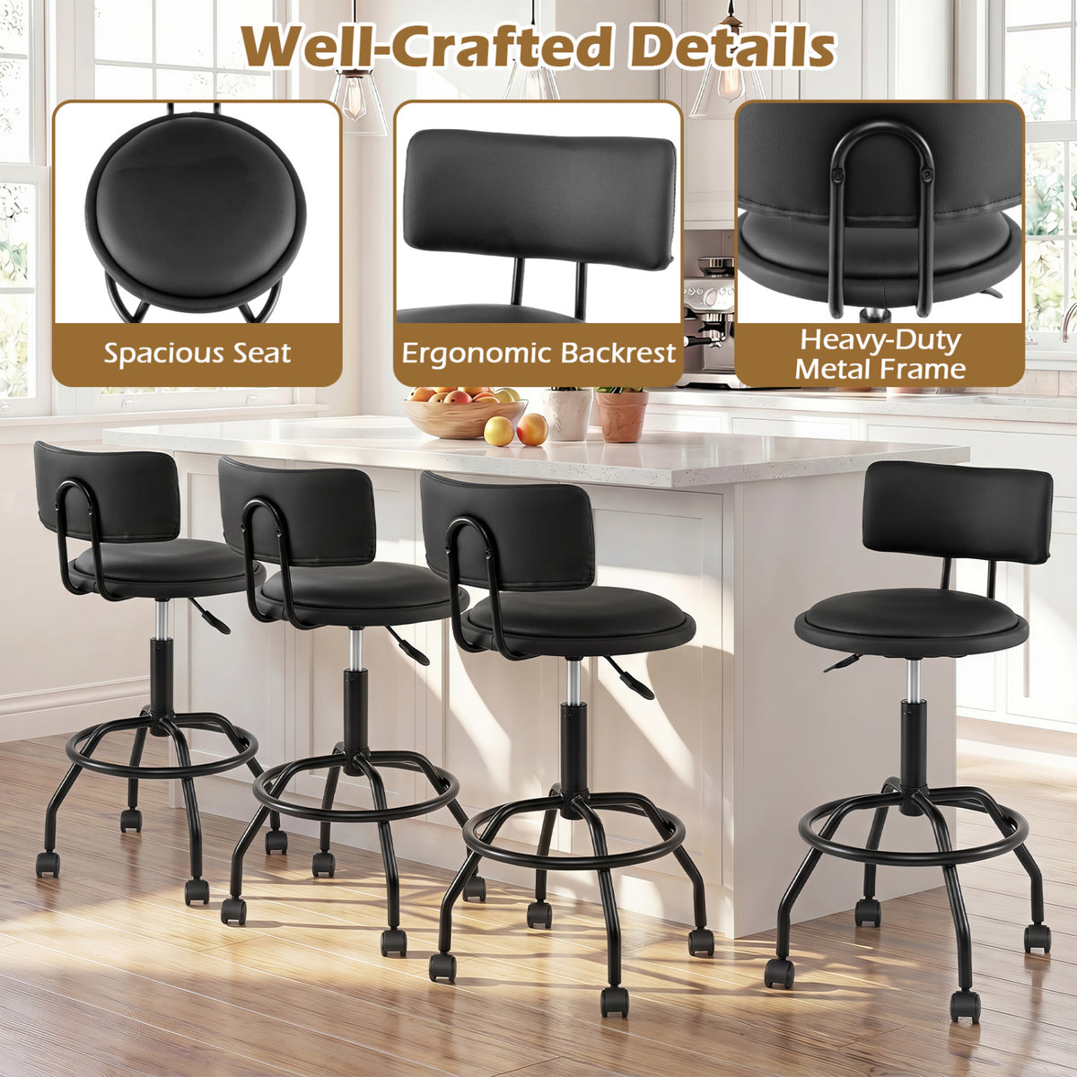 Modern Swivel Height Adjustable Bar Stool with Backrest-Black view 8