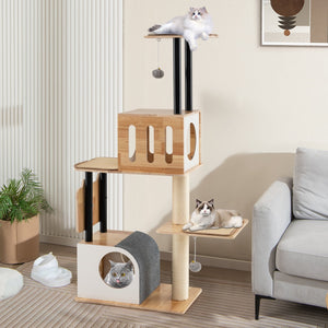Modern Tall Cat Tower with Double Condos with Dangling Balls and Sisal Carpets-Natural view 2