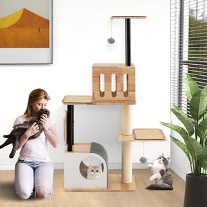 Modern Tall Cat Tower with Double Condos with Dangling Balls and Sisal Carpets-Natural view 3