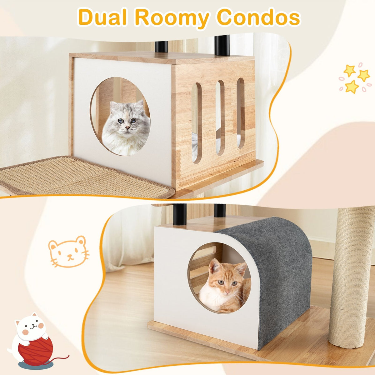 Modern Tall Cat Tower with Double Condos with Dangling Balls and Sisal Carpets-Natural view 7