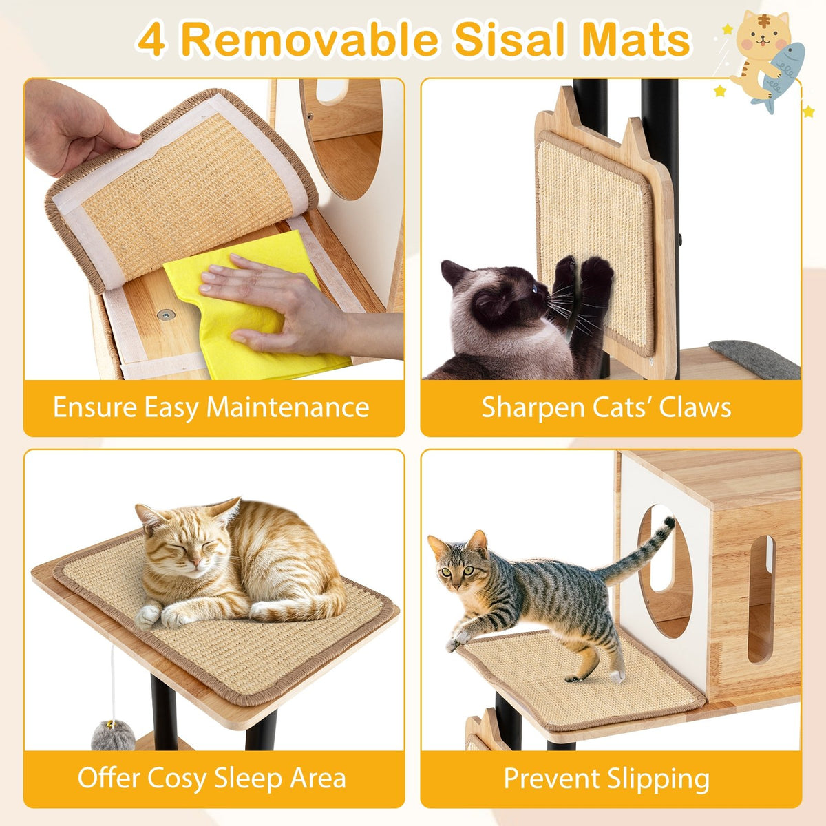 Modern Tall Cat Tower with Double Condos with Dangling Balls and Sisal Carpets-Natural view 8
