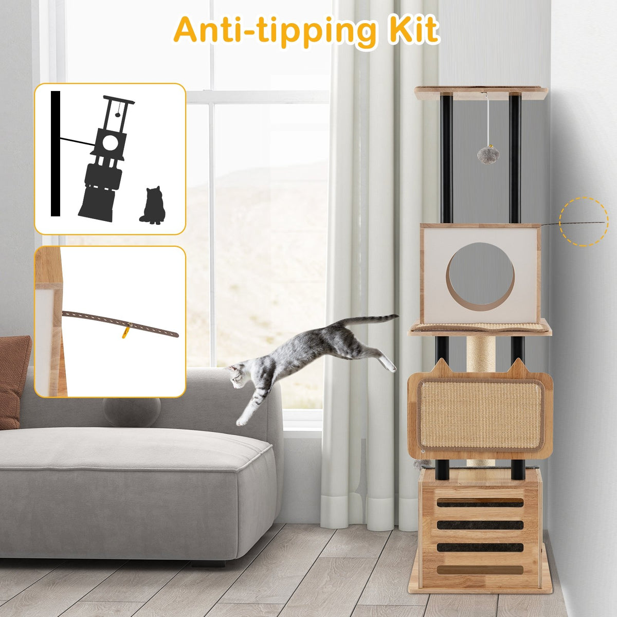 Modern Tall Cat Tower with Double Condos with Dangling Balls and Sisal Carpets-Natural view 9