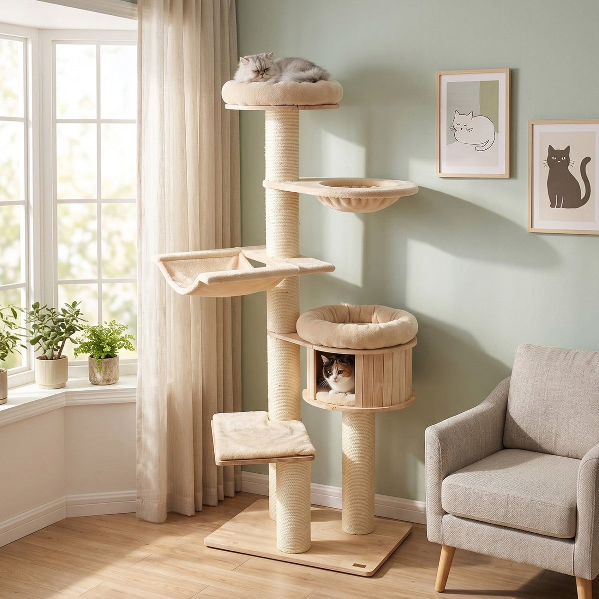 75.5 inches Tall Cat Tree with 7 Sisal Posts & Hanging Basket and Hammock for Indoor-Beige view 2