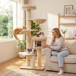 75.5 inches Tall Cat Tree with 7 Sisal Posts & Hanging Basket and Hammock for Indoor-Beige view 3