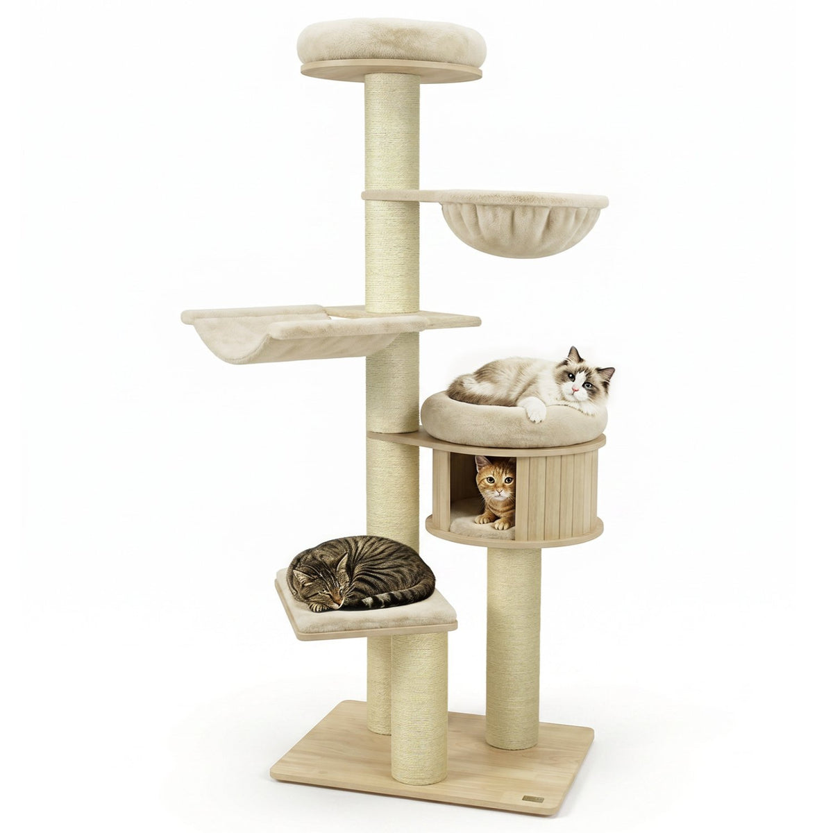 75.5 inches Tall Cat Tree with 7 Sisal Posts & Hanging Basket and Hammock for Indoor-Beige view 4