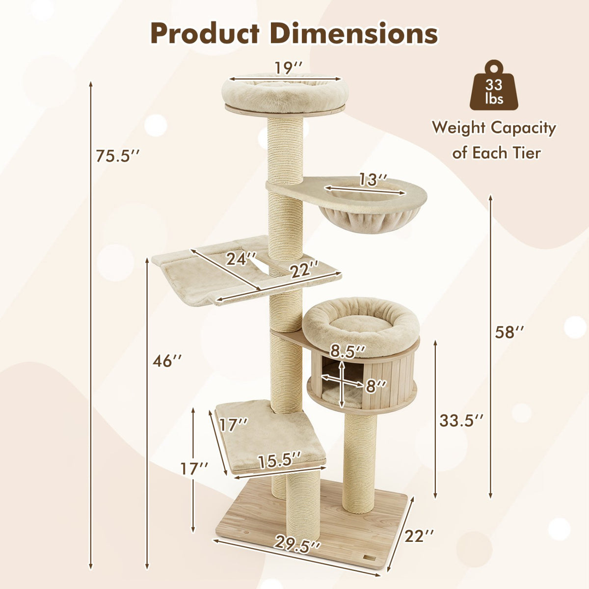 75.5 inches Tall Cat Tree with 7 Sisal Posts & Hanging Basket and Hammock for Indoor-Beige view 5
