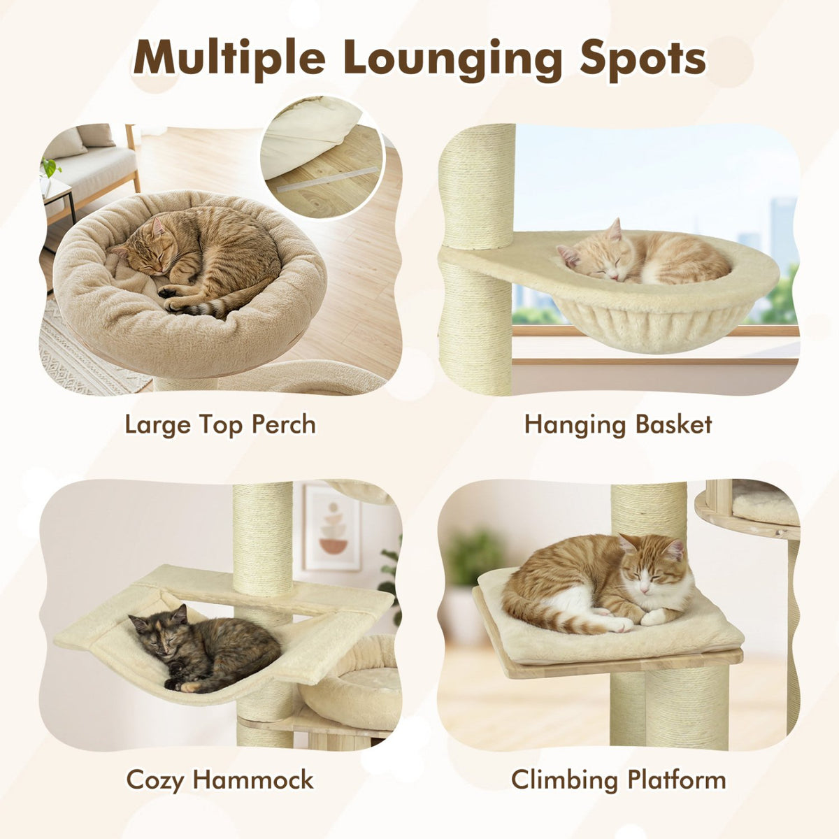 75.5 inches Tall Cat Tree with 7 Sisal Posts & Hanging Basket and Hammock for Indoor-Beige view 6