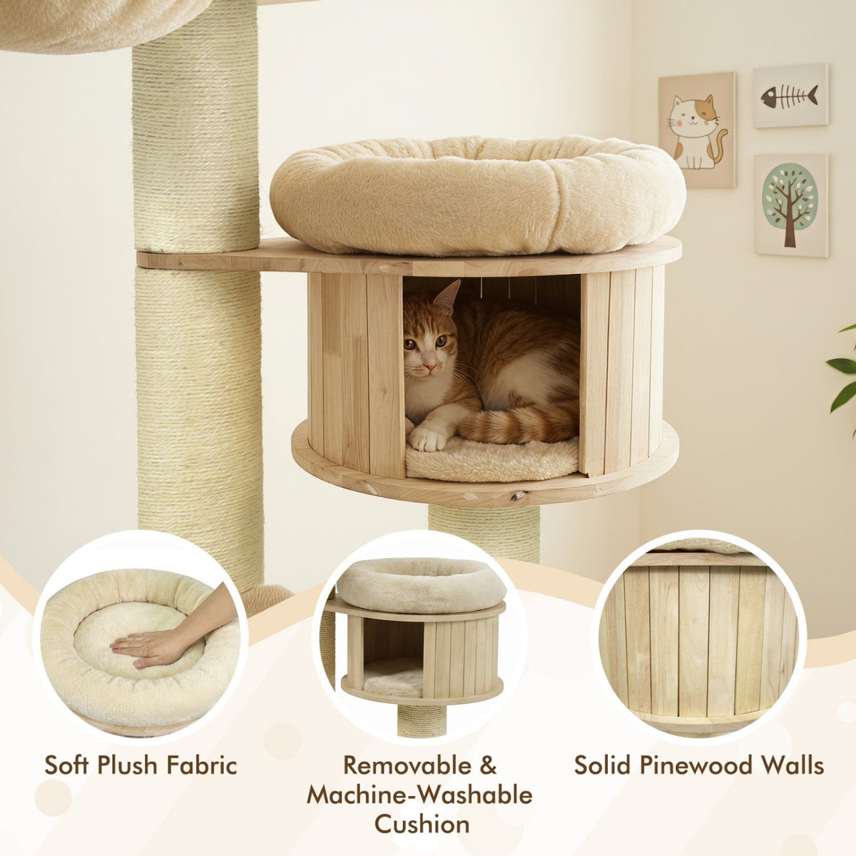 75.5 inches Tall Cat Tree with 7 Sisal Posts & Hanging Basket and Hammock for Indoor-Beige view 7