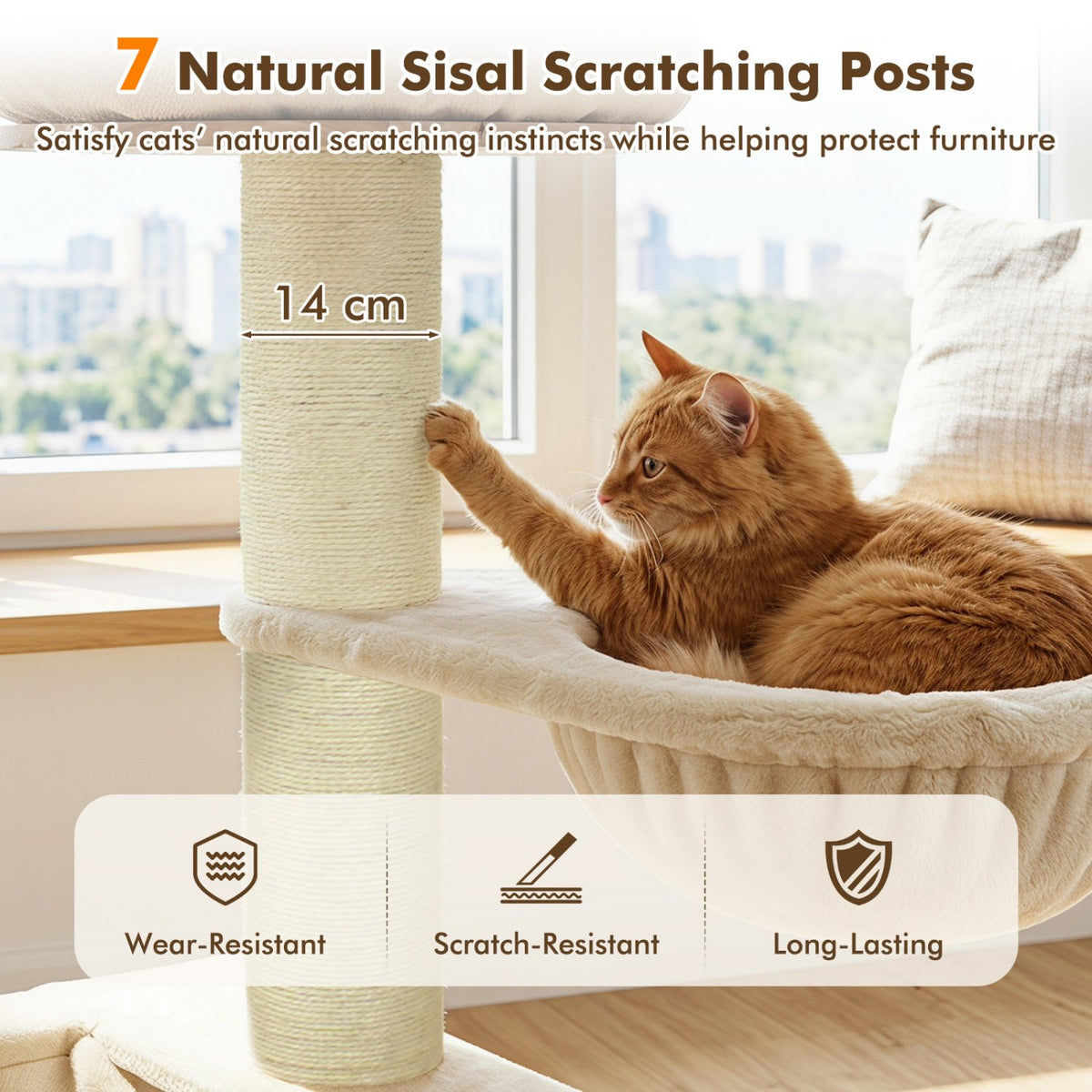75.5 inches Tall Cat Tree with 7 Sisal Posts & Hanging Basket and Hammock for Indoor-Beige view 8