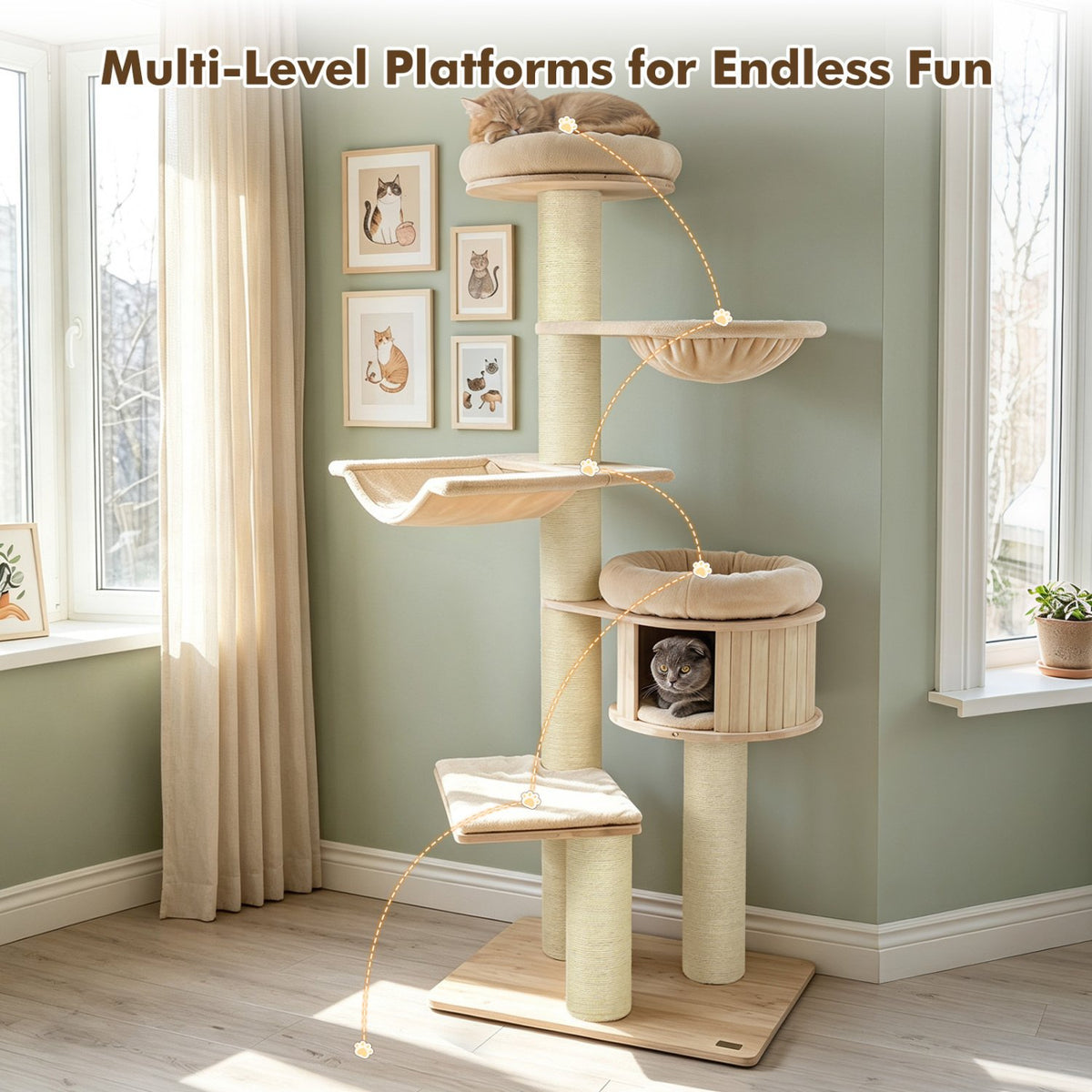 75.5 inches Tall Cat Tree with 7 Sisal Posts & Hanging Basket and Hammock for Indoor-Beige view 9
