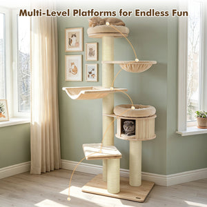 75.5 inches Tall Cat Tree with 7 Sisal Posts & Hanging Basket and Hammock for Indoor-Beige view 9