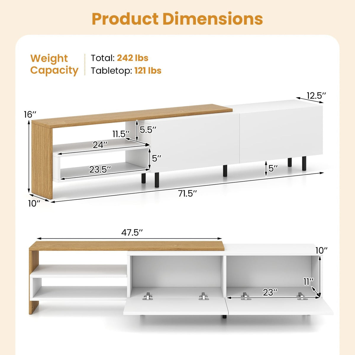 Modern TV Stand for 80 Inches TVs with Storage Shelves and Cabinets-White view 5