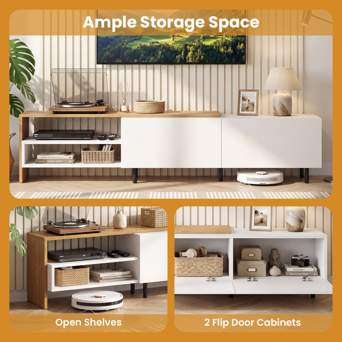Modern TV Stand for 80 Inches TVs with Storage Shelves and Cabinets-White view 6