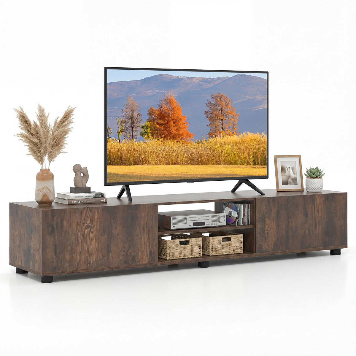 Modern TV Stand for up to 70 inches TVs Minimalist Entertainment Center with 2 Doors and Open Shelves-Rustic Brown