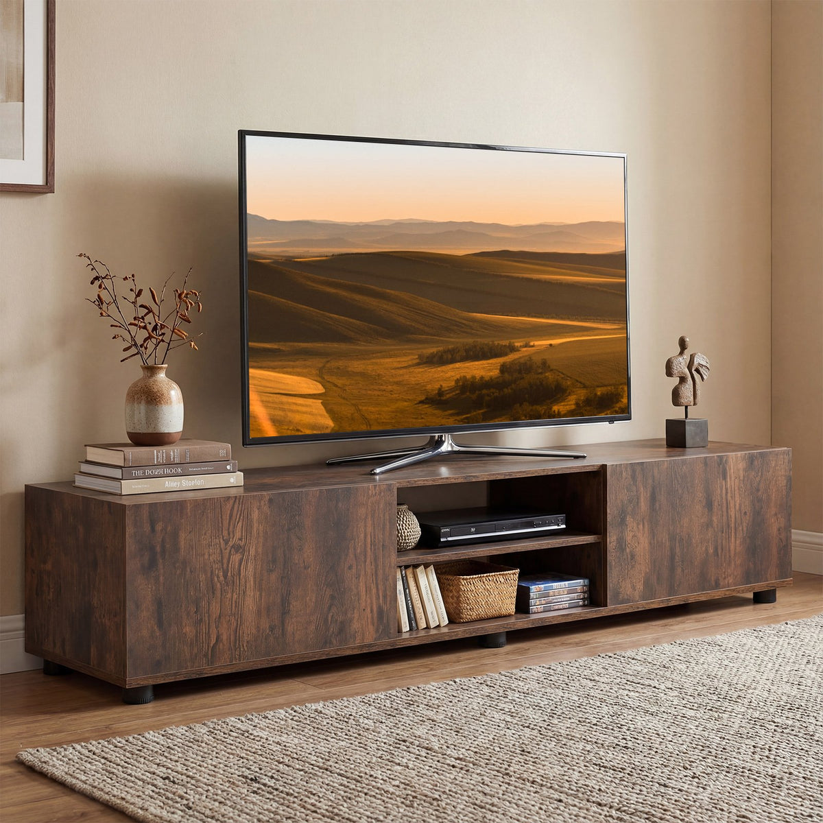 Modern TV Stand for up to 70 inches TVs Minimalist Entertainment Center with 2 Doors and Open Shelves-Rustic Brown view 2