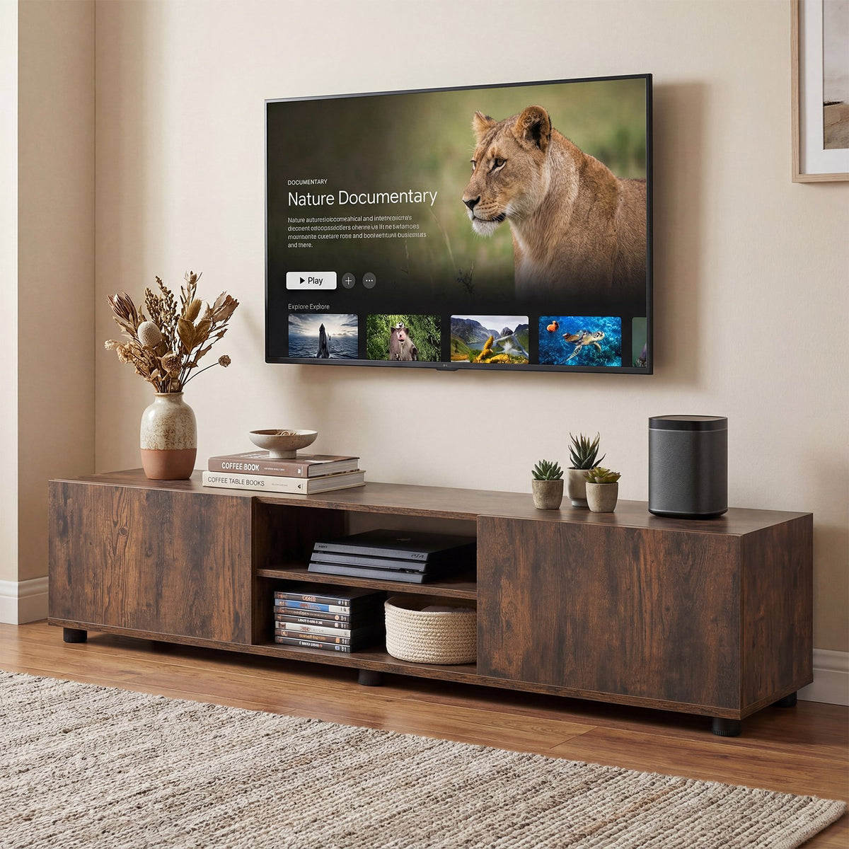 Modern TV Stand for up to 70 inches TVs Minimalist Entertainment Center with 2 Doors and Open Shelves-Rustic Brown view 3