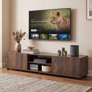 Modern TV Stand for up to 70 inches TVs Minimalist Entertainment Center with 2 Doors and Open Shelves-Rustic Brown view 3