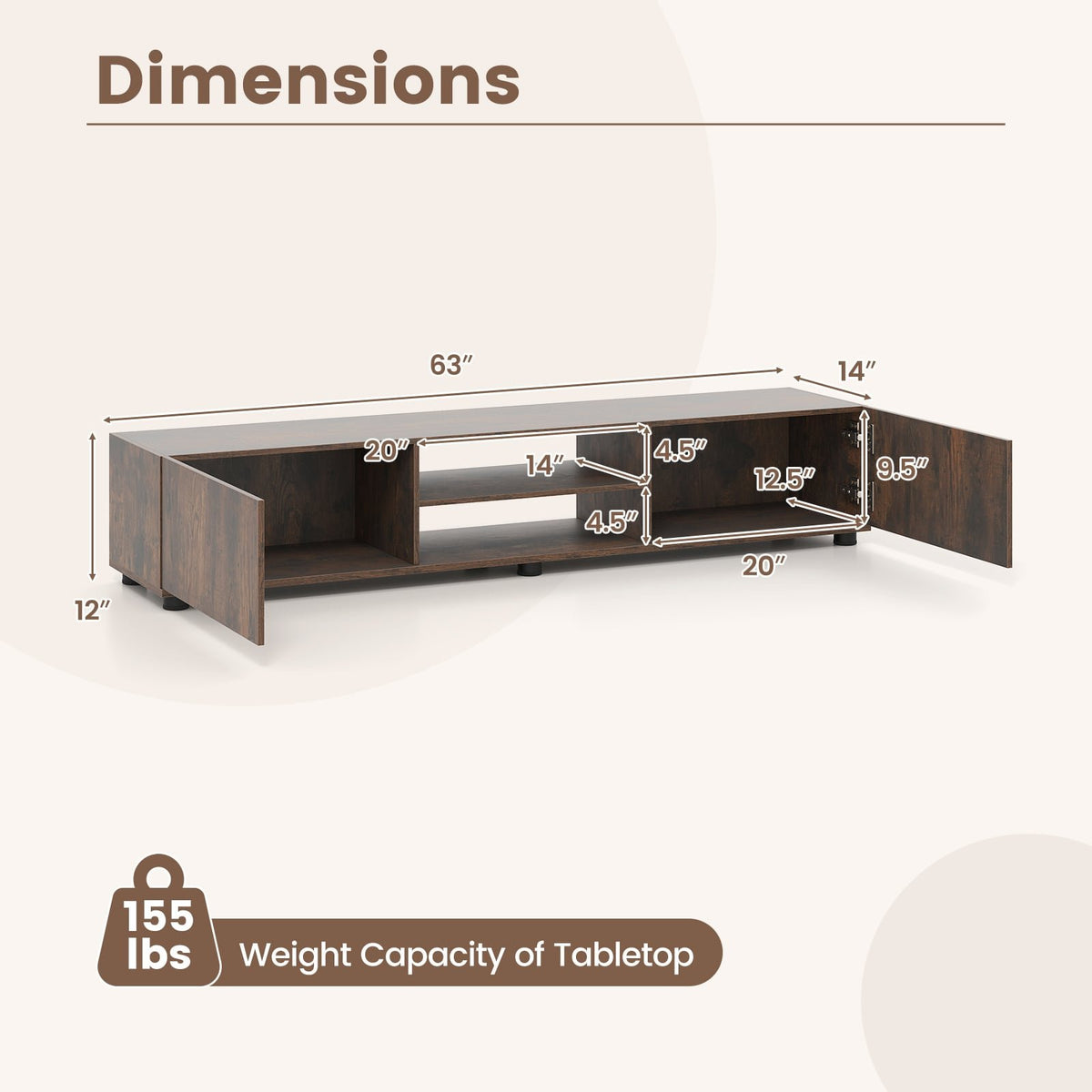 Modern TV Stand for up to 70 inches TVs Minimalist Entertainment Center with 2 Doors and Open Shelves-Rustic Brown view 5
