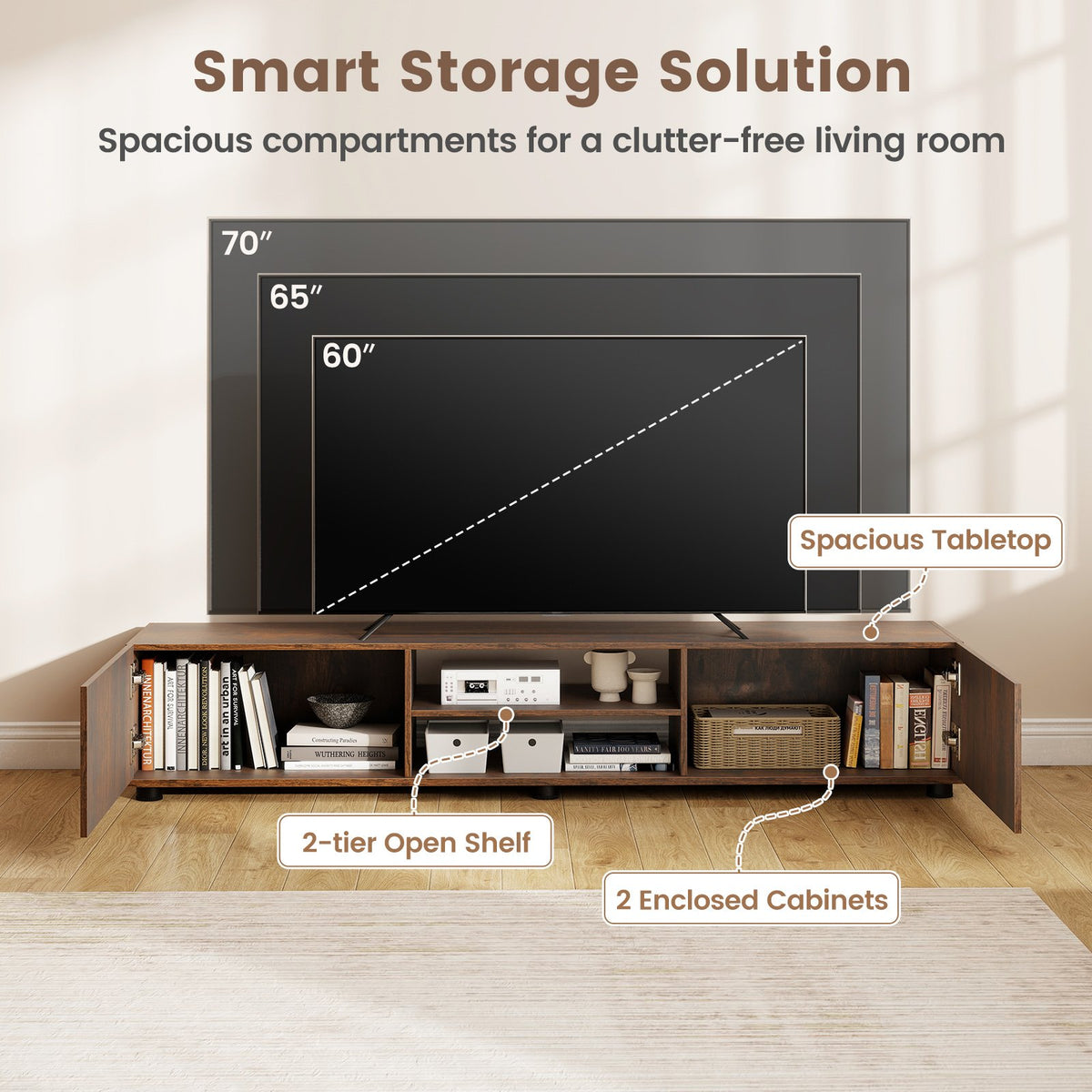 Modern TV Stand for up to 70 inches TVs Minimalist Entertainment Center with 2 Doors and Open Shelves-Rustic Brown view 7