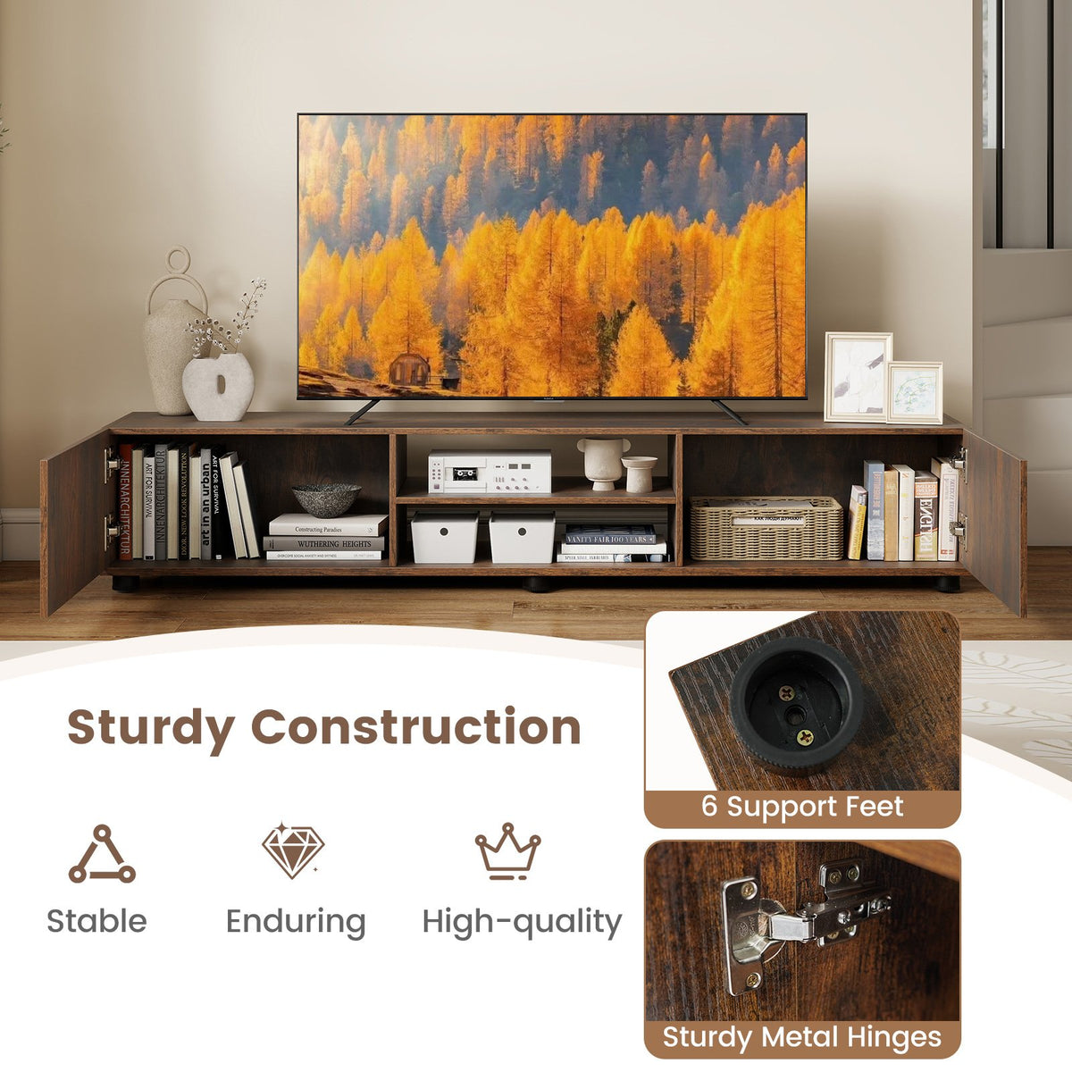 Modern TV Stand for up to 70 inches TVs Minimalist Entertainment Center with 2 Doors and Open Shelves-Rustic Brown view 8