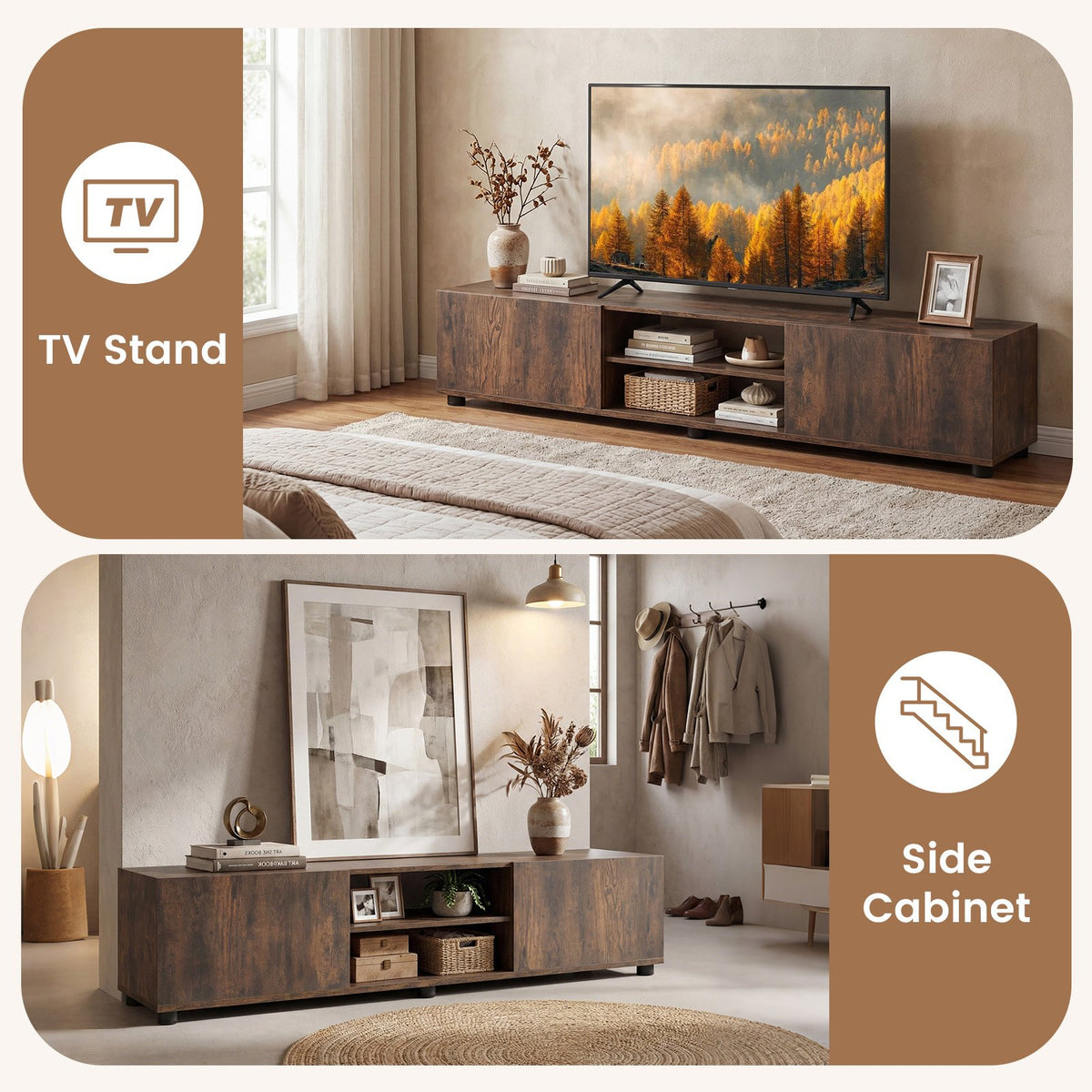 Modern TV Stand for up to 70 inches TVs Minimalist Entertainment Center with 2 Doors and Open Shelves-Rustic Brown view 9