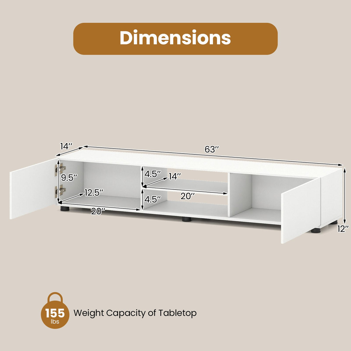 Modern TV Stand for up to 70 inches TVs Minimalist Entertainment Center with 2 Doors and Open Shelves-White view 5