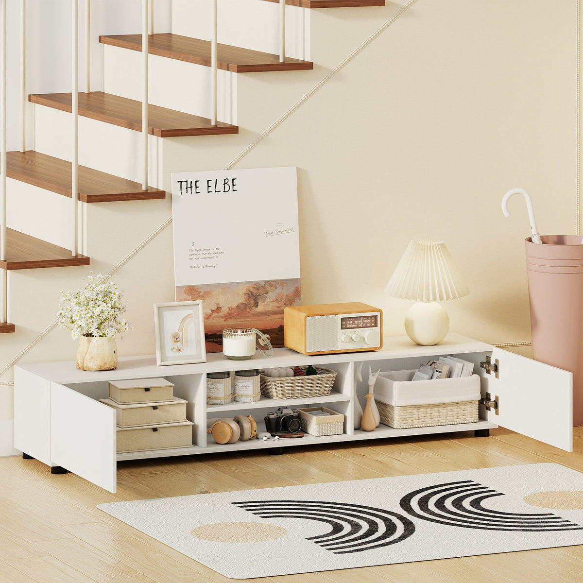 Modern TV Stand for up to 70 inches TVs Minimalist Entertainment Center with 2 Doors and Open Shelves-White view 6