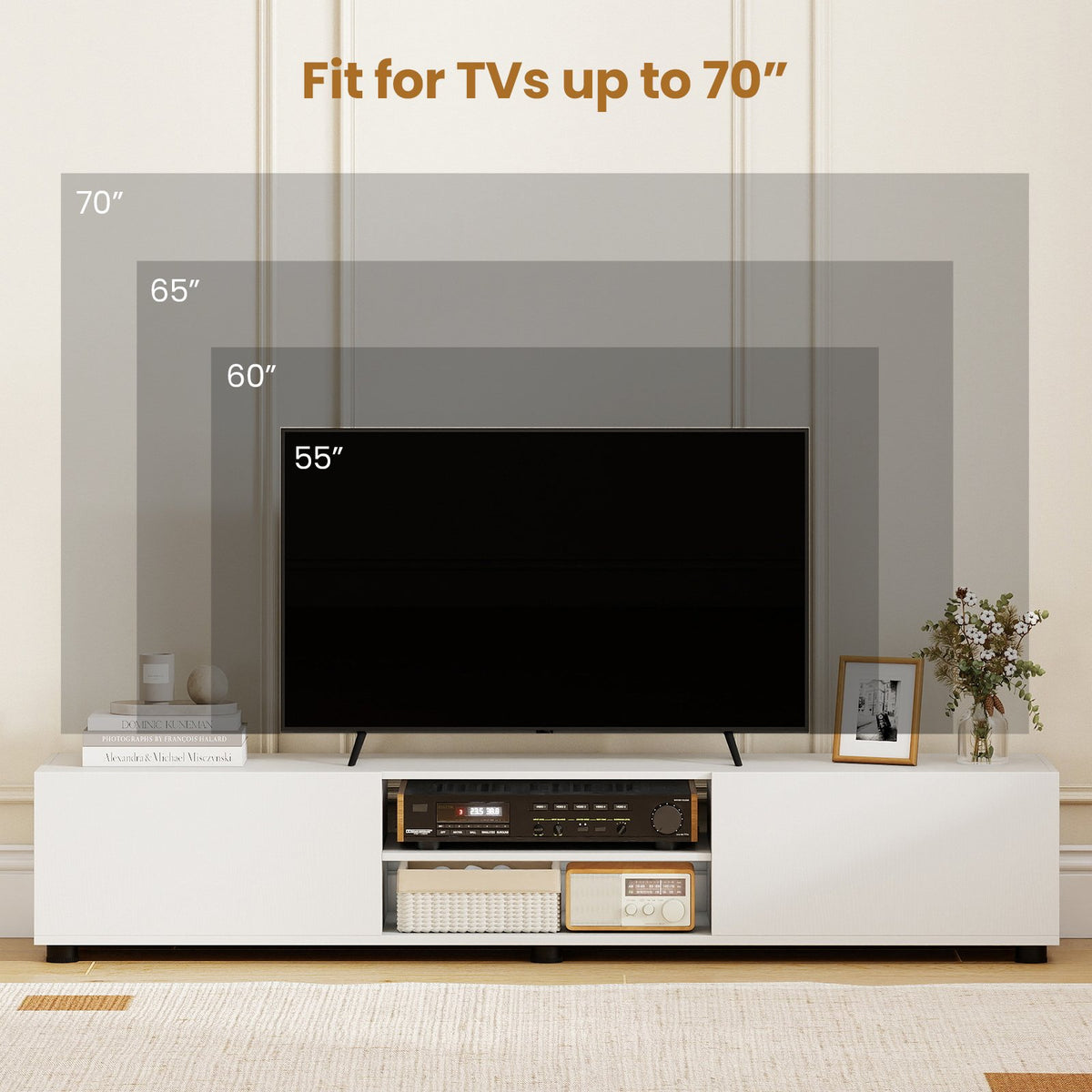 Modern TV Stand for up to 70 inches TVs Minimalist Entertainment Center with 2 Doors and Open Shelves-White view 7