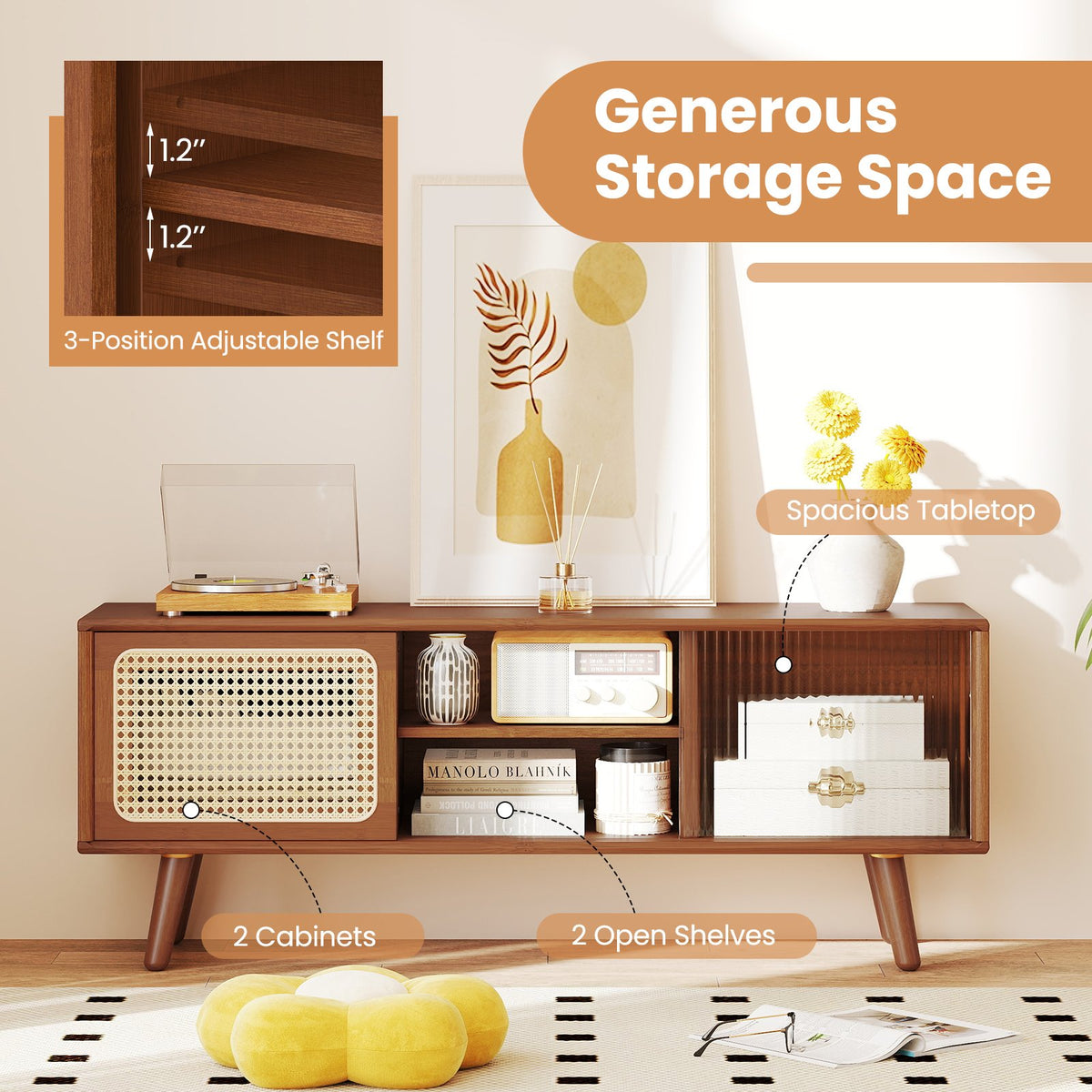Modern TV Stand with Rattan Glass Sliding Doors-Brown view 8