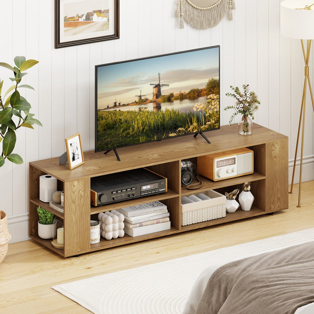 TV Stand Modern Wood Storage Console Entertainment Center-Natural view 2