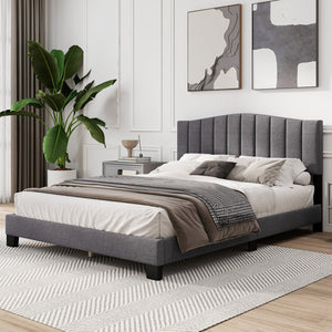 Modern Upholstered Bed Frame with Adjustable Vertical Channel Tufted Headboard-Queen Size view 4