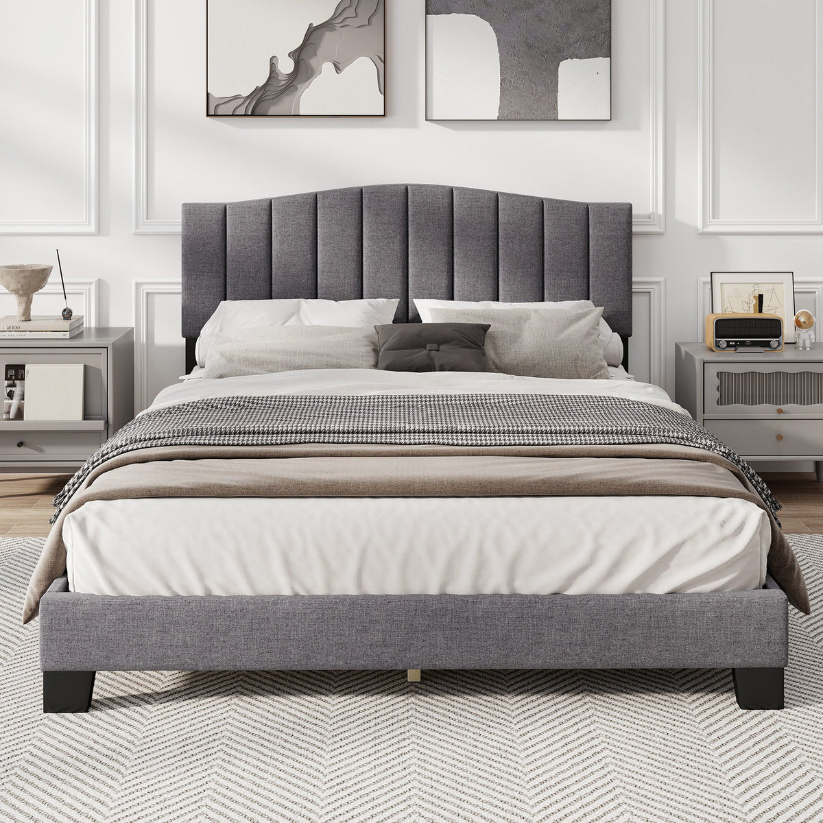 Modern Upholstered Bed Frame with Adjustable Vertical Channel Tufted Headboard-Queen Size view 6