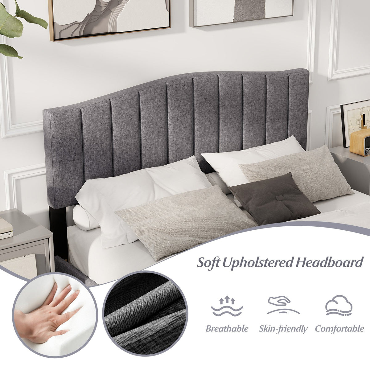 Modern Upholstered Bed Frame with Adjustable Vertical Channel Tufted Headboard-Queen Size view 7