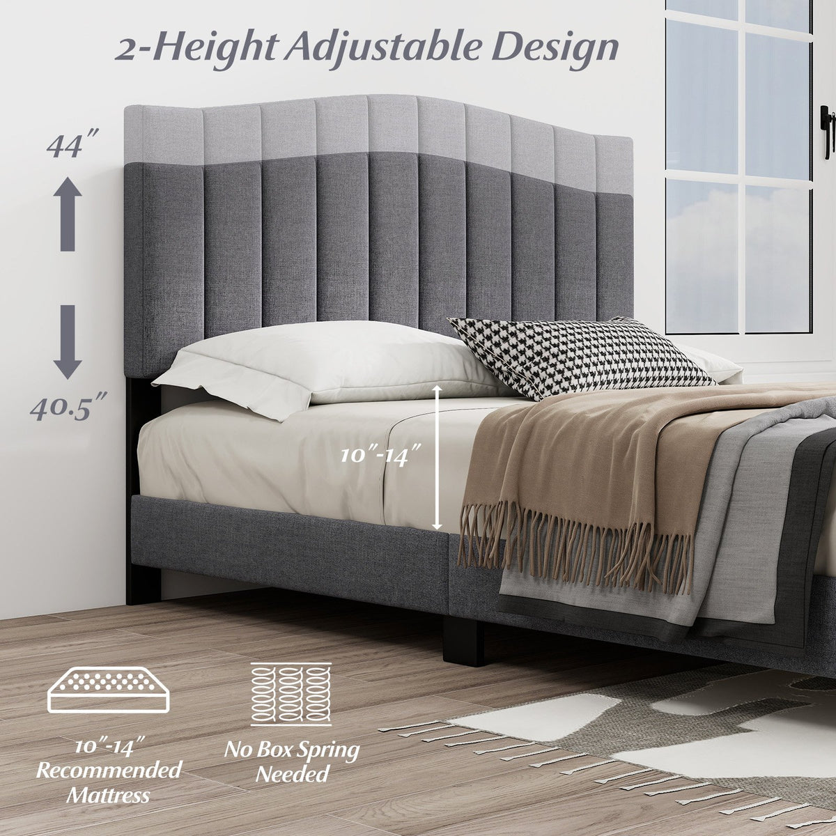 Modern Upholstered Bed Frame with Adjustable Vertical Channel Tufted Headboard-Queen Size view 8