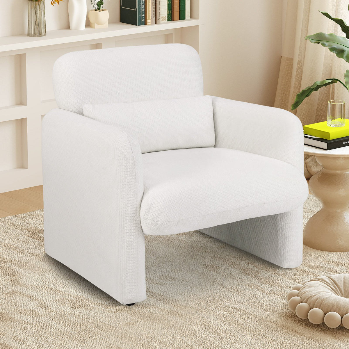 Modern Upholstered Chenille Accent Chair with Removable Lumbar Pillow-White view 2