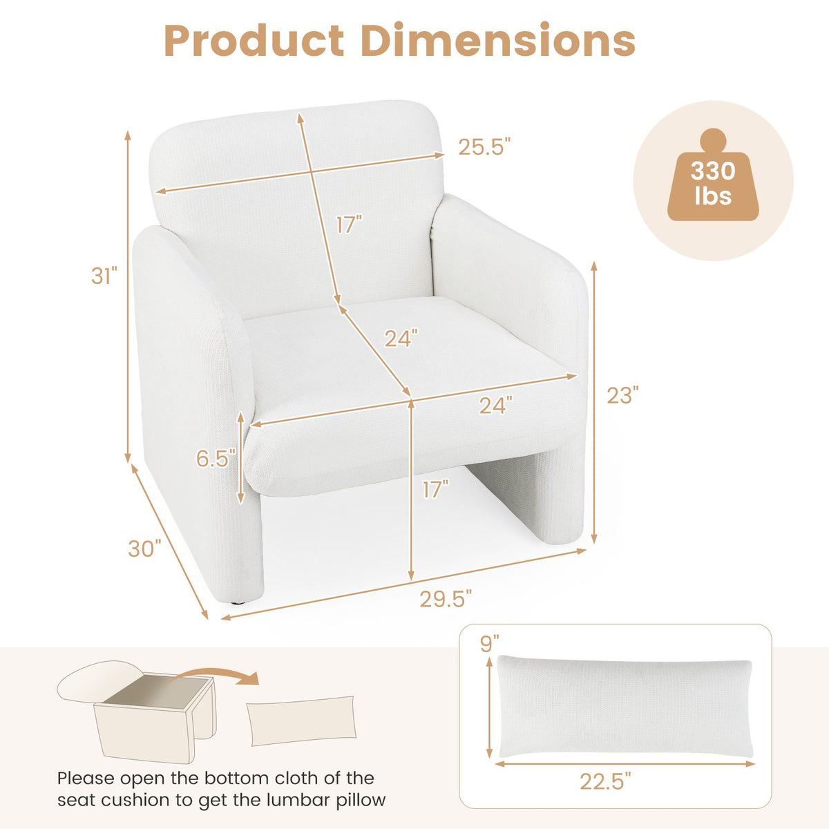 Modern Upholstered Chenille Accent Chair with Removable Lumbar Pillow-White view 4